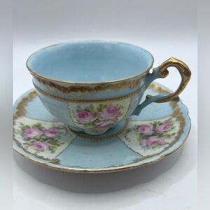 Carl Teilsch VTG Germany Blue and Gold Floral Teacup and Saucer gold tone